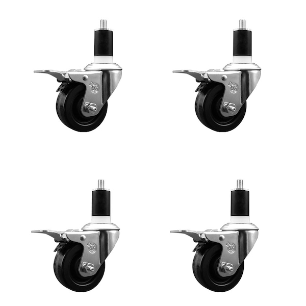 3'' Phenolic Swivel 1-1/2'' Expanding Stem Caster Set Total Lock Brake, 4PK